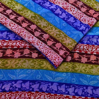 Vintage Blue Crepe Silk Saree Pure Silk Printed Floral Fabric 5Yds Indian Sewing, Quilting, Dressmaking & Christmas Craft Material