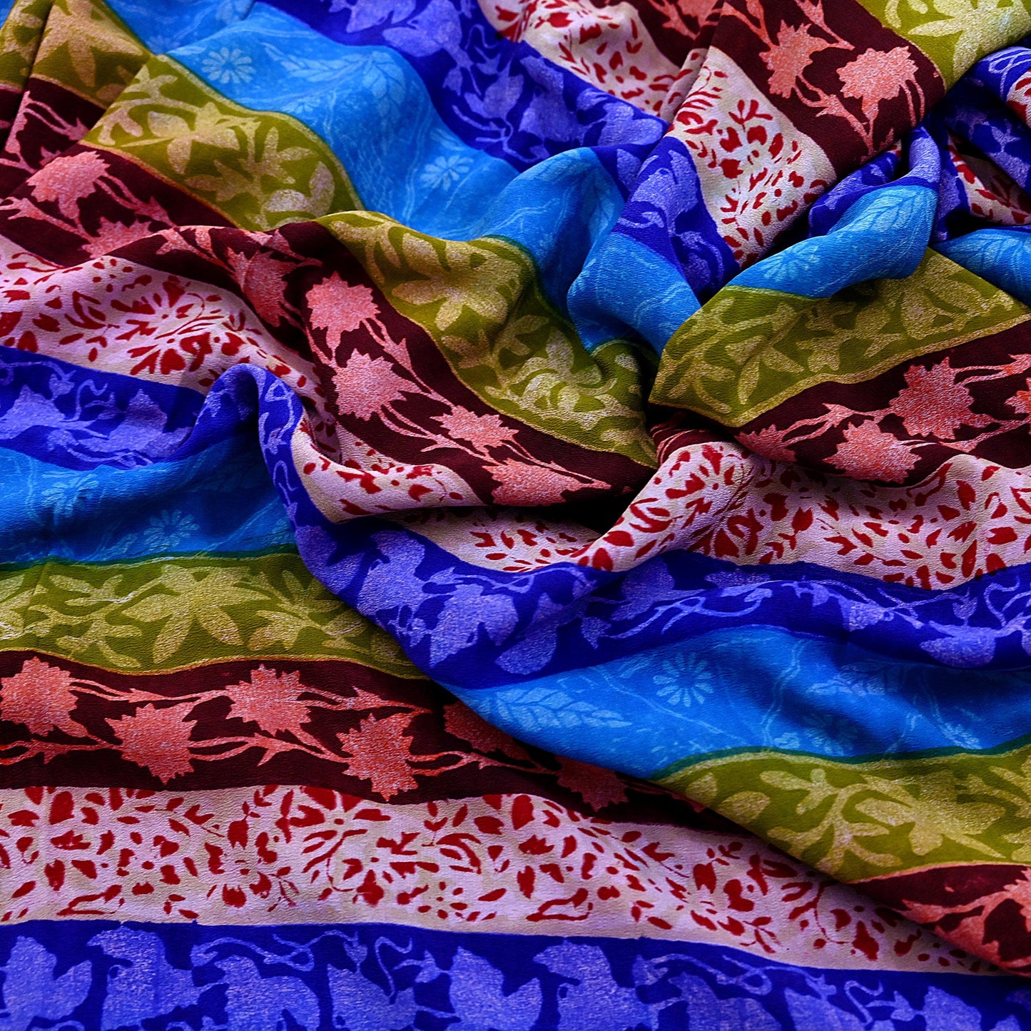 Vintage Blue Crepe Silk Saree Pure Silk Printed Floral Fabric 5Yds Indian Sewing, Quilting, Dressmaking & Christmas Craft Material