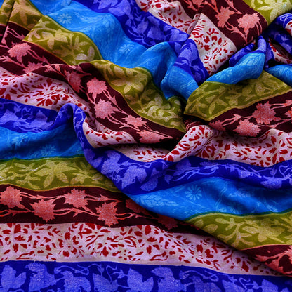 Vintage Blue Crepe Silk Saree Pure Silk Printed Floral Fabric 5Yds Indian Sewing, Quilting, Dressmaking & Christmas Craft Material