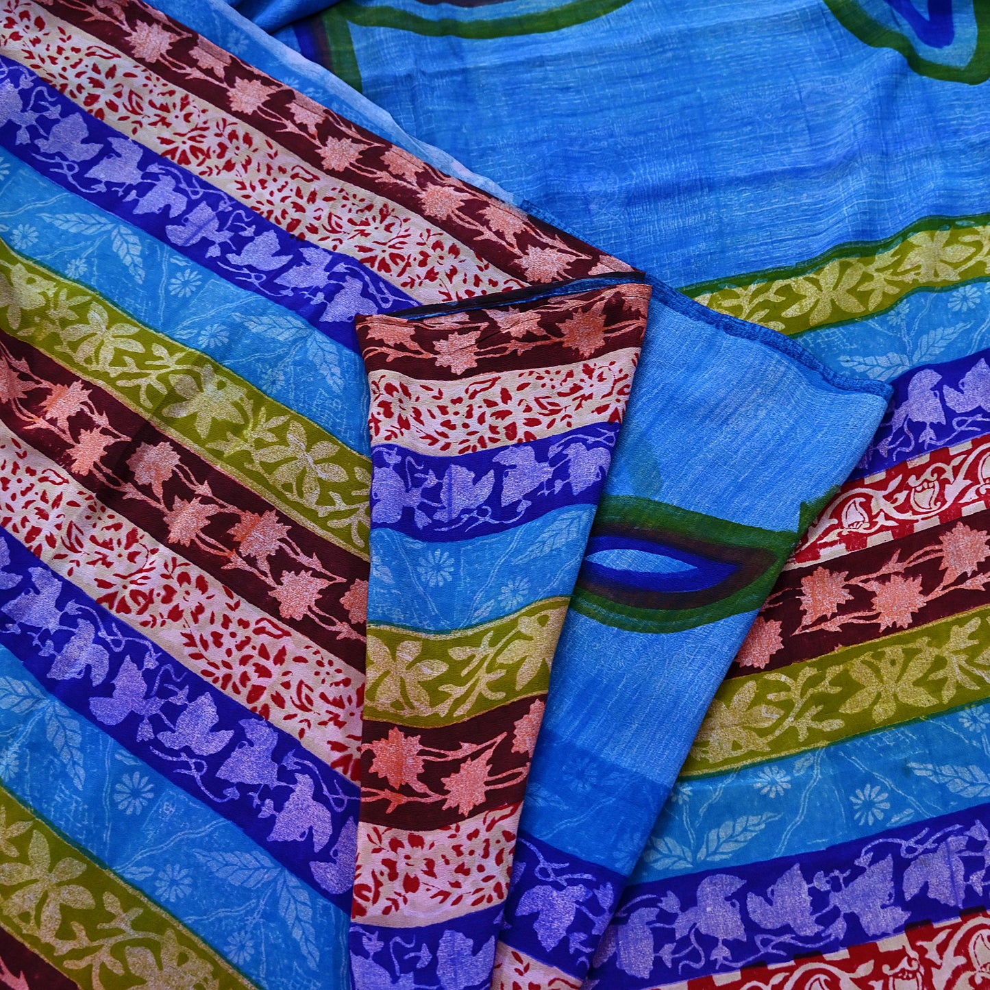 Vintage Blue Crepe Silk Saree Pure Silk Printed Floral Fabric 5Yds Indian Sewing, Quilting, Dressmaking & Christmas Craft Material
