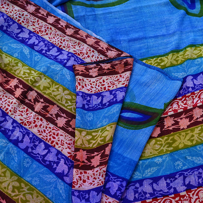 Vintage Blue Crepe Silk Saree Pure Silk Printed Floral Fabric 5Yds Indian Sewing, Quilting, Dressmaking & Christmas Craft Material