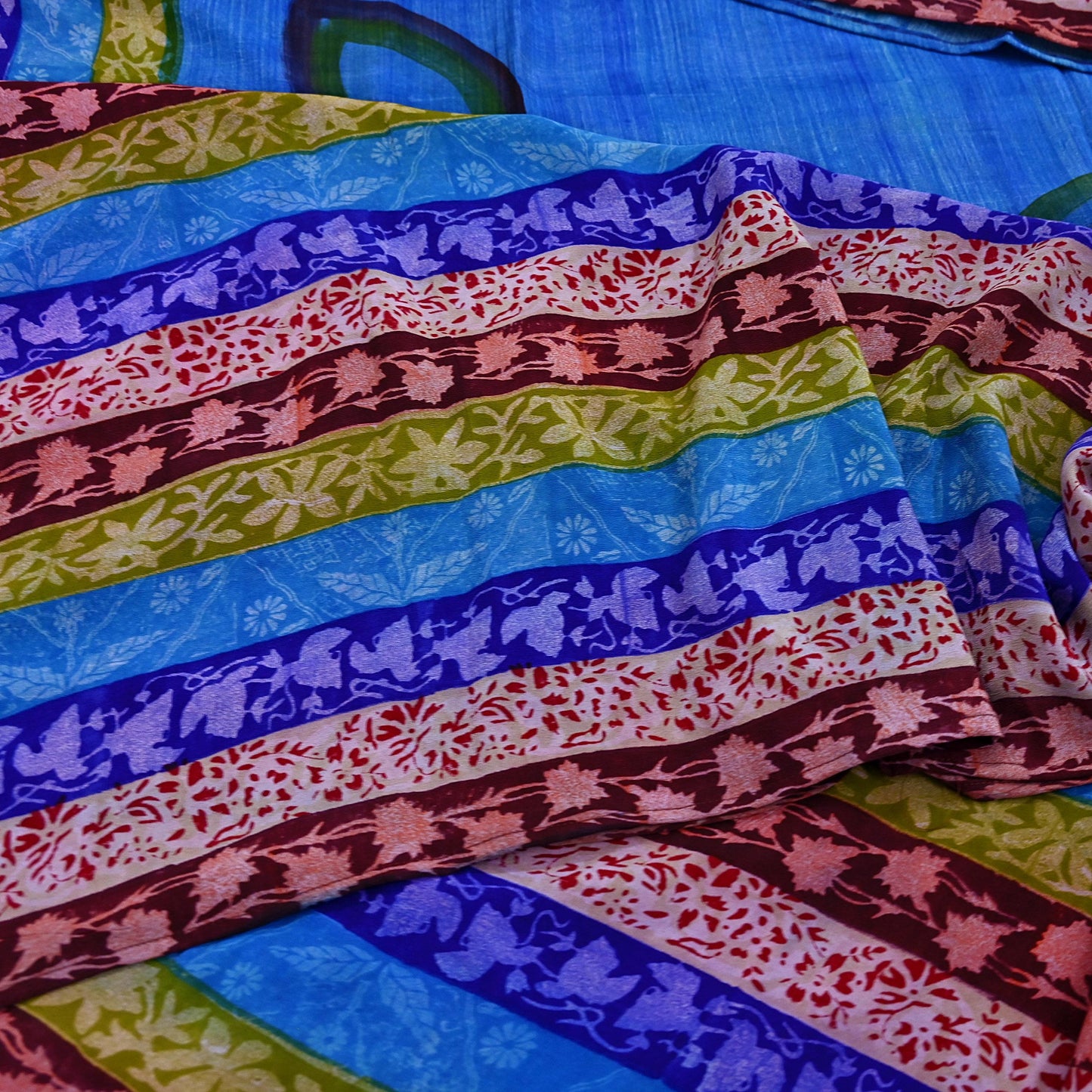 Vintage Blue Crepe Silk Saree Pure Silk Printed Floral Fabric 5Yds Indian Sewing, Quilting, Dressmaking & Christmas Craft Material