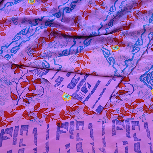 Indian Vintage Sari Purple Pure Crepe Silk Hand Embroidered Saree 5yd Sewing Floral Craft Sequins Dress making Crafting Quilting