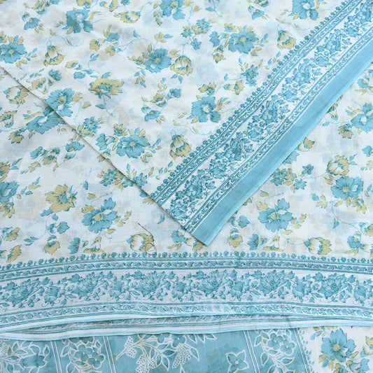 Indian Vintage Sari White & Blue Printed 100% Pure Cotton Sarees Craft Fabric 5Yd Sewing Sarong Wrap Boho Floral Quilting Crafting
