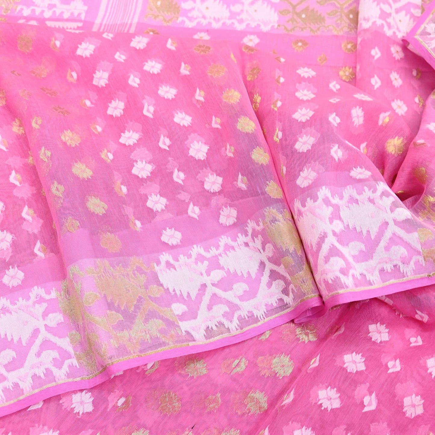 Indian Vintage Saree Pink Pure Cotton Hand Woven Jamdani Sari 5yd Ethnic Floral Craft Fabric Dress making Upcycle Crafting Quilting