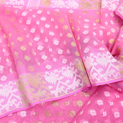 Indian Vintage Saree Pink Pure Cotton Hand Woven Jamdani Sari 5yd Ethnic Floral Craft Fabric Dress making Upcycle Crafting Quilting