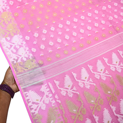 Indian Vintage Saree Pink Pure Cotton Hand Woven Jamdani Sari 5yd Ethnic Floral Craft Fabric Dress making Upcycle Crafting Quilting