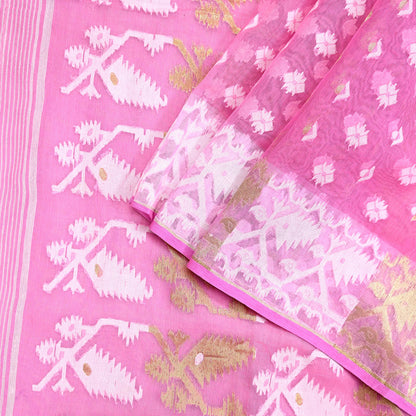 Indian Vintage Saree Pink Pure Cotton Hand Woven Jamdani Sari 5yd Ethnic Floral Craft Fabric Dress making Upcycle Crafting Quilting