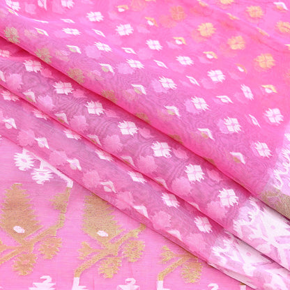 Indian Vintage Saree Pink Pure Cotton Hand Woven Jamdani Sari 5yd Ethnic Floral Craft Fabric Dress making Upcycle Crafting Quilting