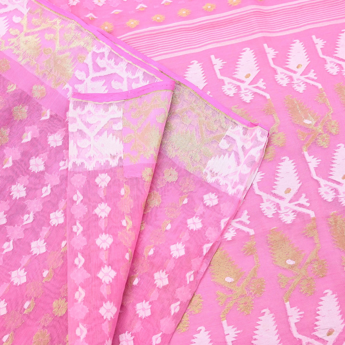 Indian Vintage Saree Pink Pure Cotton Hand Woven Jamdani Sari 5yd Ethnic Floral Craft Fabric Dress making Upcycle Crafting Quilting