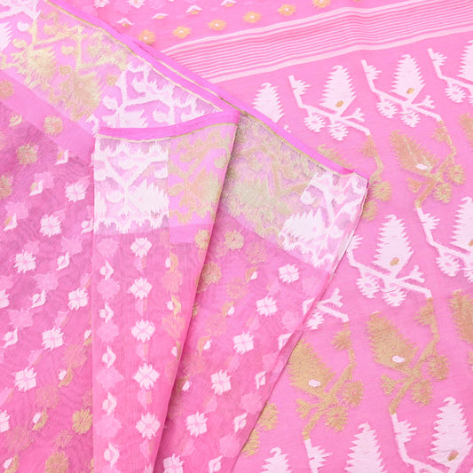 Indian Vintage Saree Pink Pure Cotton Hand Woven Jamdani Sari 5yd Ethnic Floral Craft Fabric Dress making Upcycle Crafting Quilting