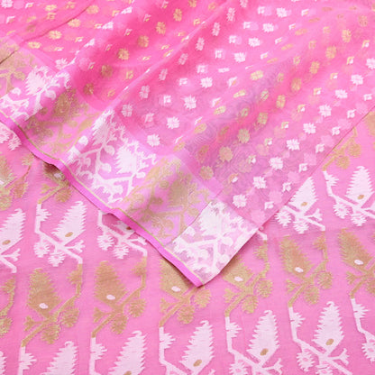 Indian Vintage Saree Pink Pure Cotton Hand Woven Jamdani Sari 5yd Ethnic Floral Craft Fabric Dress making Upcycle Crafting Quilting