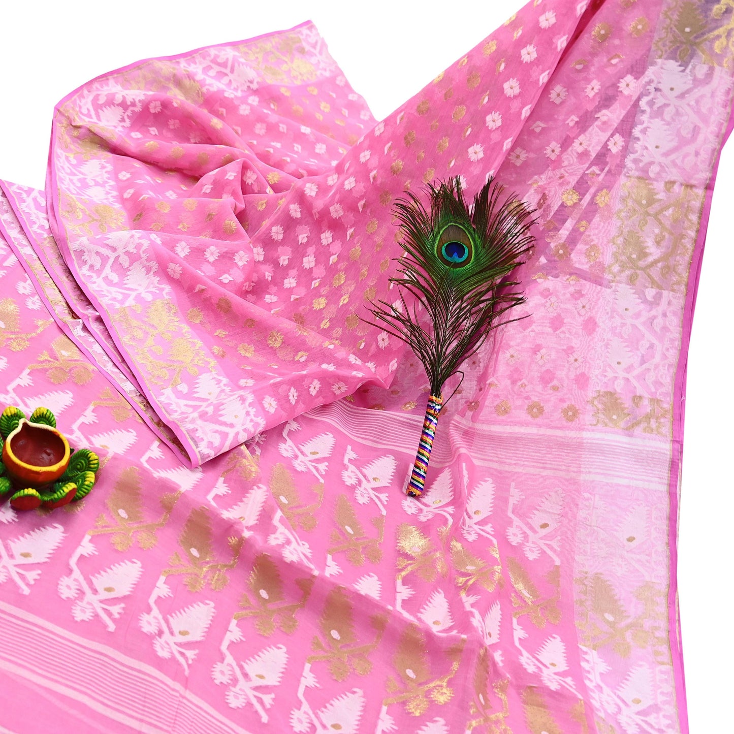 Indian Vintage Saree Pink Pure Cotton Hand Woven Jamdani Sari 5yd Ethnic Floral Craft Fabric Dress making Upcycle Crafting Quilting