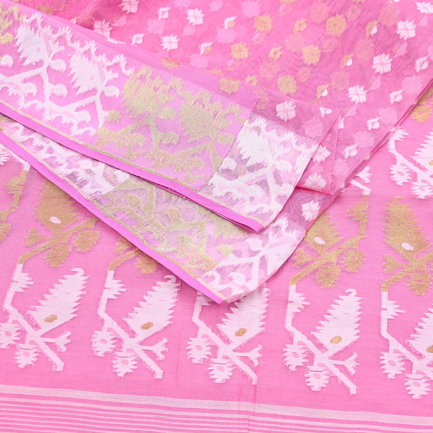 Indian Vintage Saree Pink Pure Cotton Hand Woven Jamdani Sari 5yd Ethnic Floral Craft Fabric Dress making Upcycle Crafting Quilting
