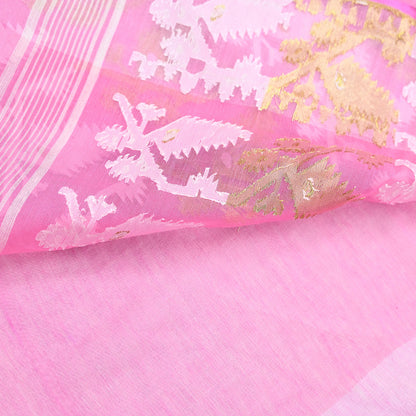 Indian Vintage Saree Pink Pure Cotton Hand Woven Jamdani Sari 5yd Ethnic Floral Craft Fabric Dress making Upcycle Crafting Quilting