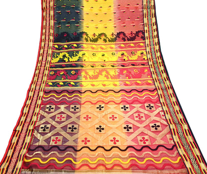 Indian Vintage Jamdani Pure Cotton Saree Handwoven Floral Sari Ethnic 5 Yard Fabric for Dressmaking, Quilting & Upcycling Crafts