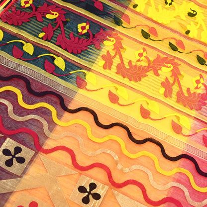 Indian Vintage Jamdani Pure Cotton Saree Handwoven Floral Sari Ethnic 5 Yard Fabric for Dressmaking, Quilting & Upcycling Crafts