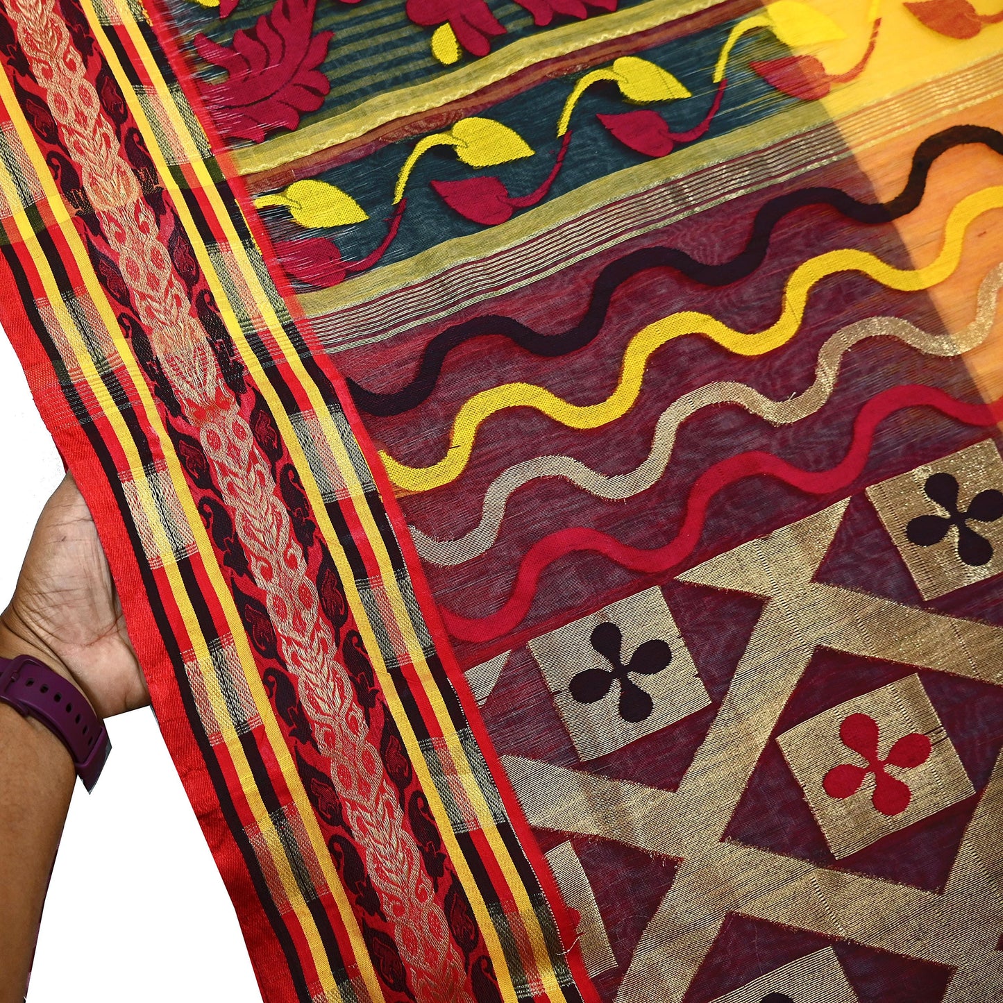 Indian Vintage Jamdani Pure Cotton Saree Handwoven Floral Sari Ethnic 5 Yard Fabric for Dressmaking, Quilting & Upcycling Crafts