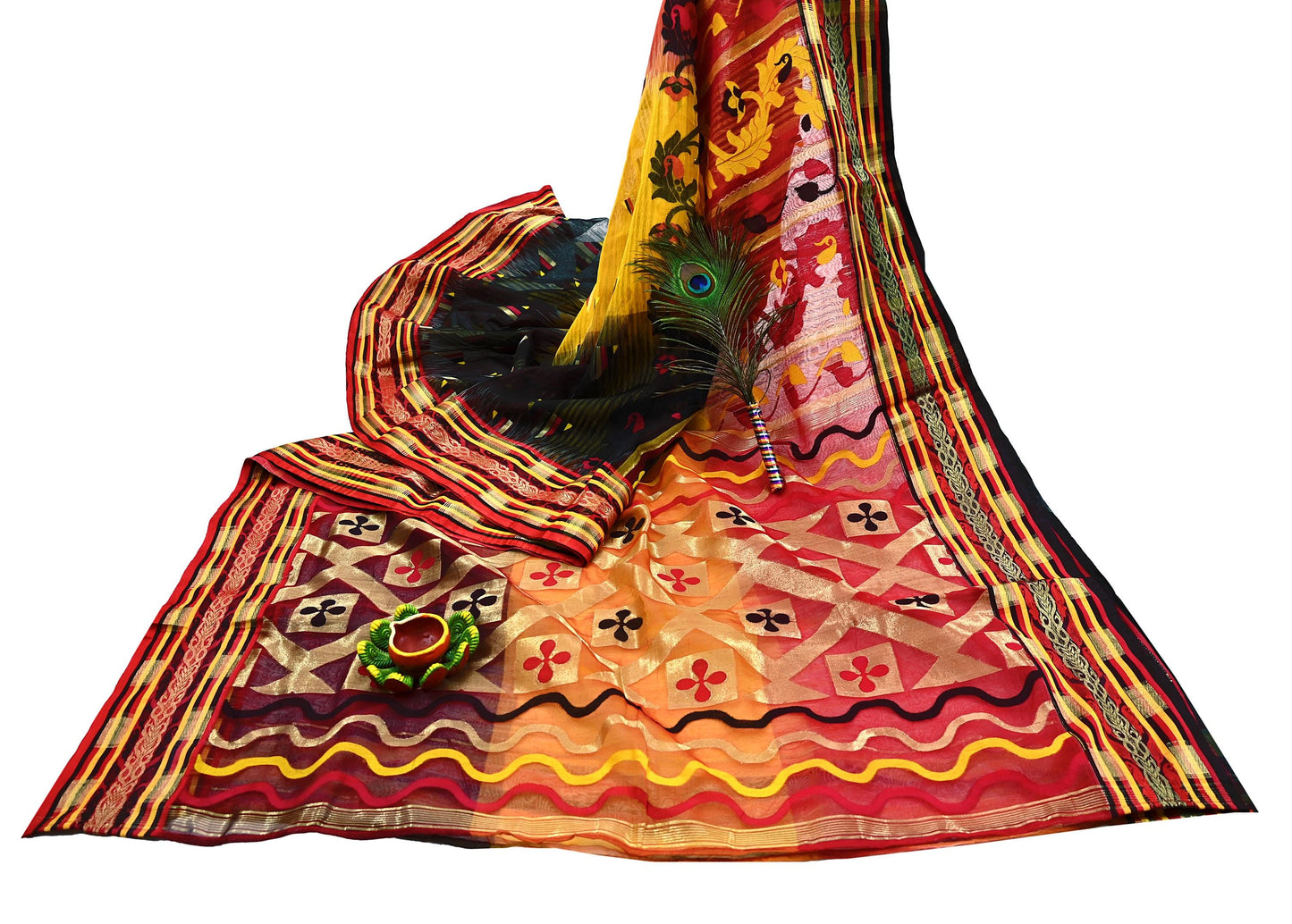 Indian Vintage Jamdani Pure Cotton Saree Handwoven Floral Sari Ethnic 5 Yard Fabric for Dressmaking, Quilting & Upcycling Crafts