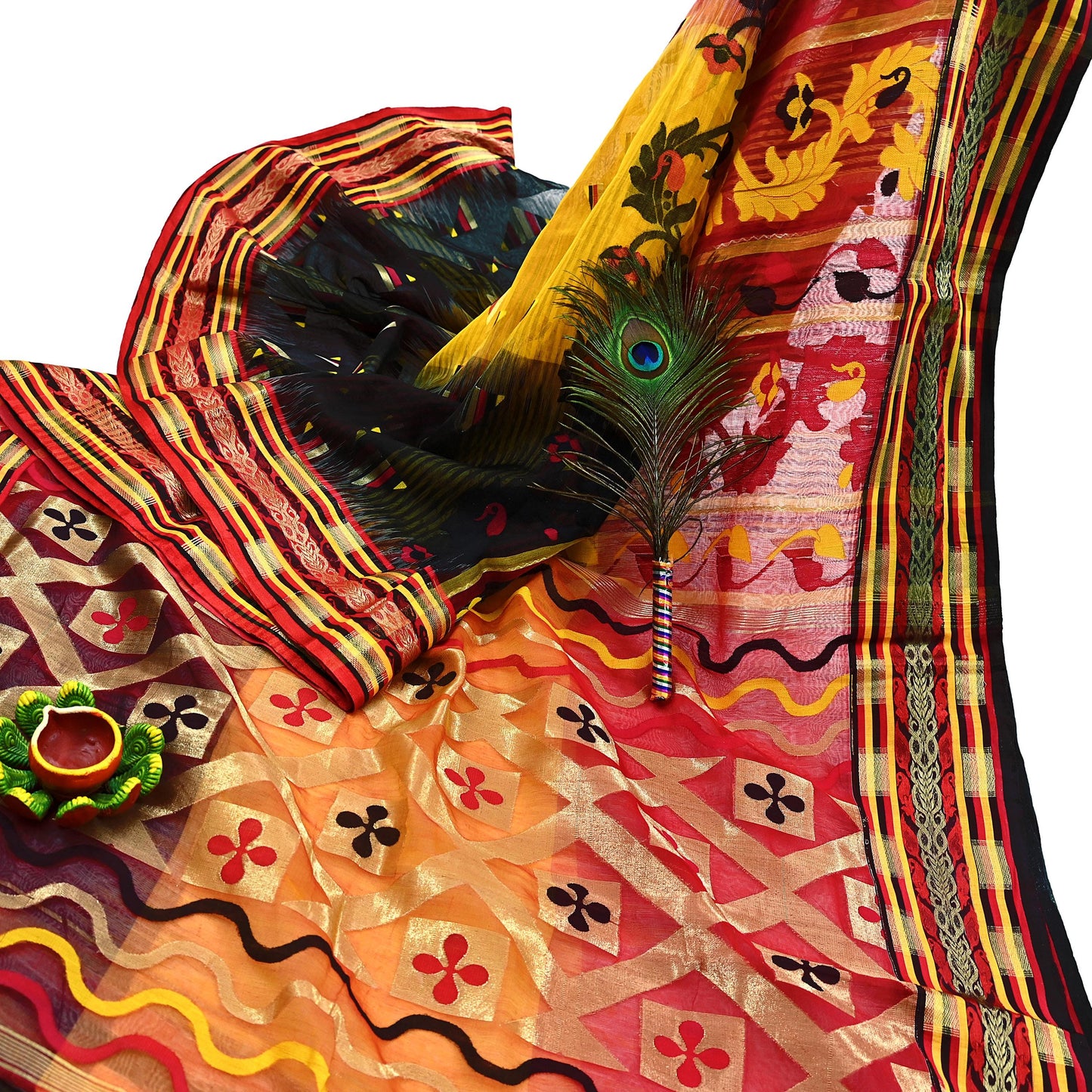 Indian Vintage Jamdani Pure Cotton Saree Handwoven Floral Sari Ethnic 5 Yard Fabric for Dressmaking, Quilting & Upcycling Crafts