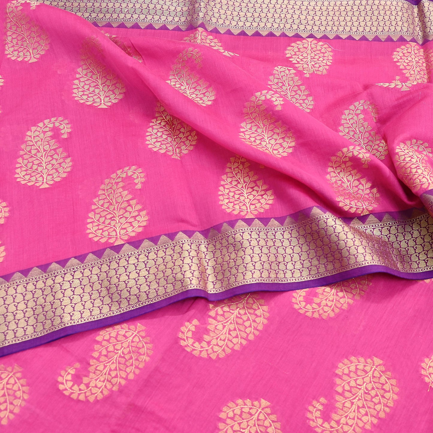 Indian Vintage Pink Cotton Saree Handwoven Floral Banarasi Border 5 Yard Soft Fabric Sewing Quilting Craft Dressmaking Material
