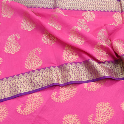 Indian Vintage Pink Cotton Saree Handwoven Floral Banarasi Border 5 Yard Soft Fabric Sewing Quilting Craft Dressmaking Material