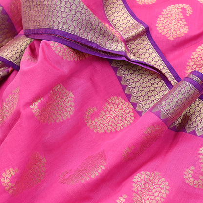 Indian Vintage Pink Cotton Saree Handwoven Floral Banarasi Border 5 Yard Soft Fabric Sewing Quilting Craft Dressmaking Material