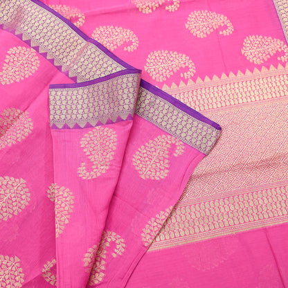 Indian Vintage Pink Cotton Saree Handwoven Floral Banarasi Border 5 Yard Soft Fabric Sewing Quilting Craft Dressmaking Material