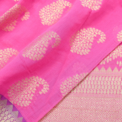 Indian Vintage Pink Cotton Saree Handwoven Floral Banarasi Border 5 Yard Soft Fabric Sewing Quilting Craft Dressmaking Material
