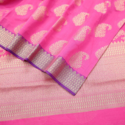 Indian Vintage Pink Cotton Saree Handwoven Floral Banarasi Border 5 Yard Soft Fabric Sewing Quilting Craft Dressmaking Material