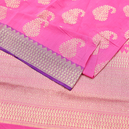 Indian Vintage Pink Cotton Saree Handwoven Floral Banarasi Border 5 Yard Soft Fabric Sewing Quilting Craft Dressmaking Material