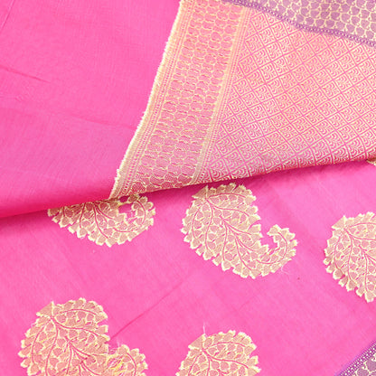 Indian Vintage Pink Cotton Saree Handwoven Floral Banarasi Border 5 Yard Soft Fabric Sewing Quilting Craft Dressmaking Material