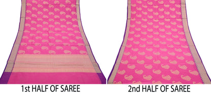 Indian Vintage Pink Cotton Saree Handwoven Floral Banarasi Border 5 Yard Soft Fabric Sewing Quilting Craft Dressmaking Material
