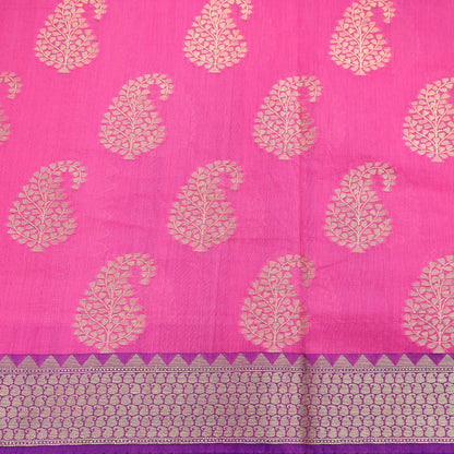 Indian Vintage Pink Cotton Saree Handwoven Floral Banarasi Border 5 Yard Soft Fabric Sewing Quilting Craft Dressmaking Material