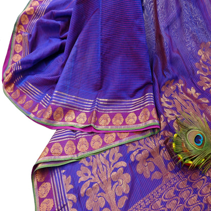 Vintage Blue Banarasi Silk Saree Handwoven Pure Silk Zari Sari Fabric 6 Yard Indian Textile for Dressmaking & Quilting