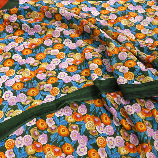 Indian Vintage Sari Green Pure Cotton Printed Sarees Craft Fabric Soft 5Yd Sarong Wrap Boho Fabric Kimono Quilting Crafting Upcycle