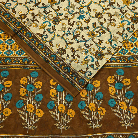 Indian Vintage Sari Beige & Brown Printed 100% Pure Cotton Saree Craft Fabric 5Yd Soft Sewing Sarong Wrap Boho Dress Making Quilting