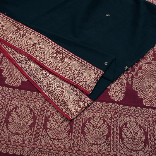Indian Vintage Sari Maroon & Black Pure Cotton Hand Woven Sarees Craft Fabric 5yd Ethnic Crafting Upcycle Quilting Dress Making Quilting