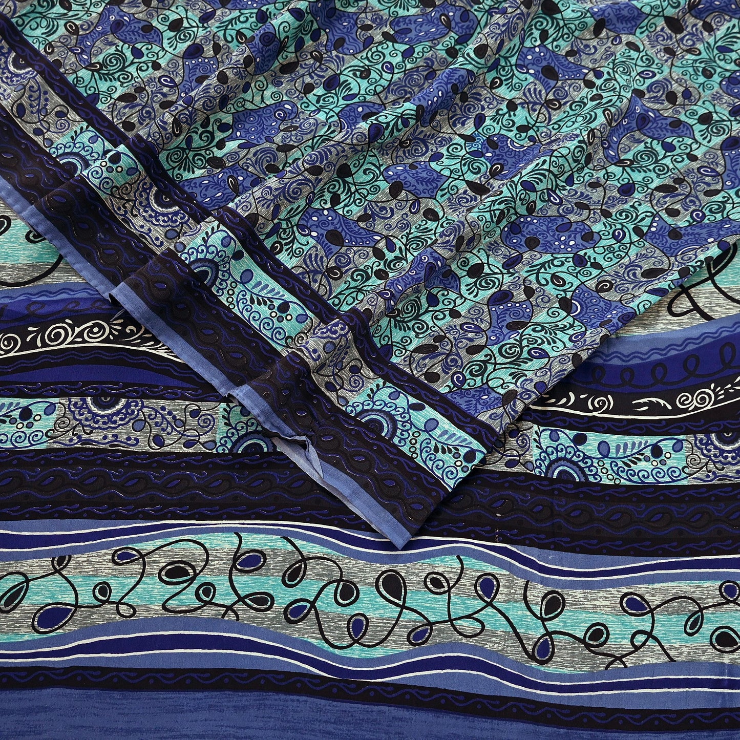 Patterned vintage pure crepe silk saree fabric with blue and green design