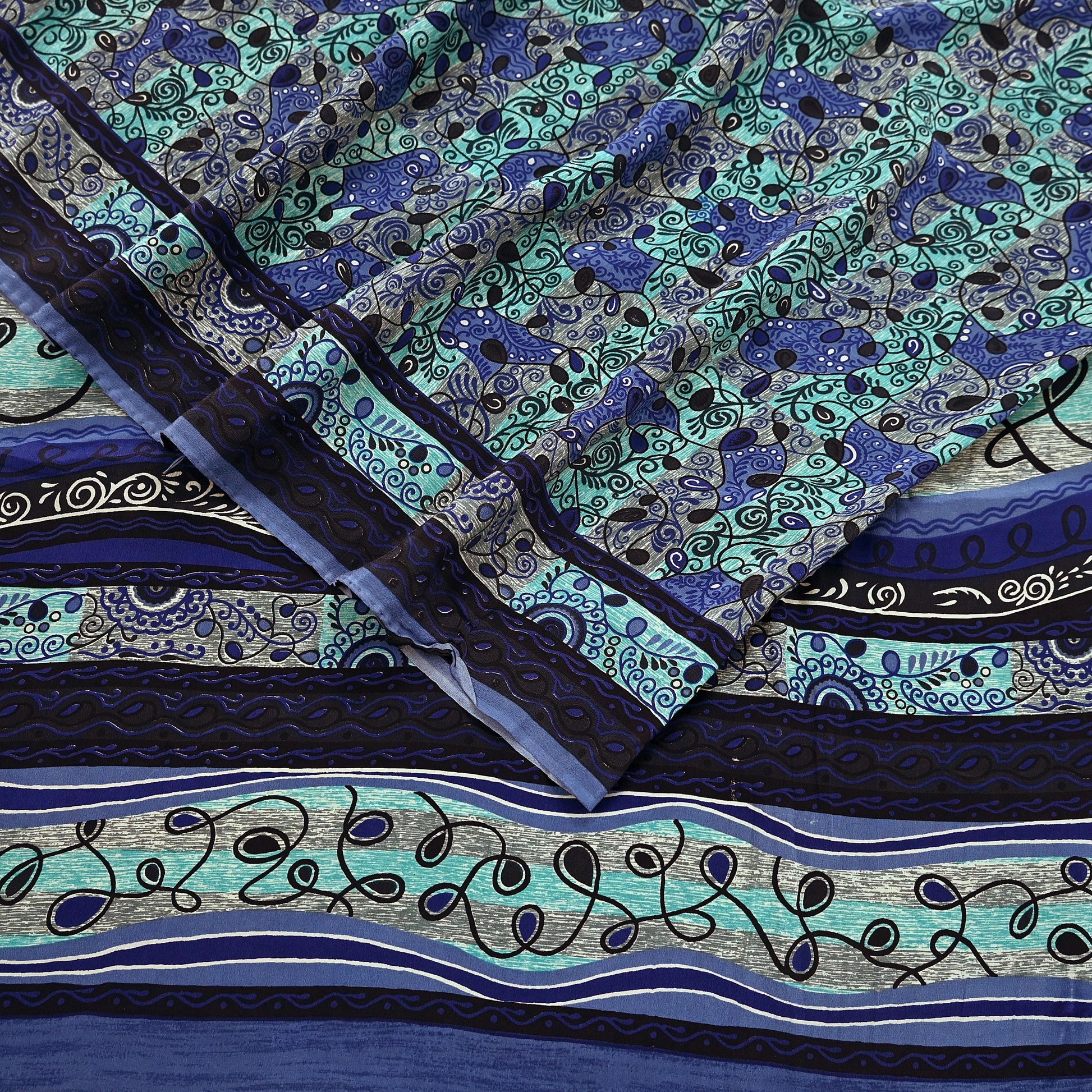 Patterned vintage pure crepe silk saree fabric with blue and green design