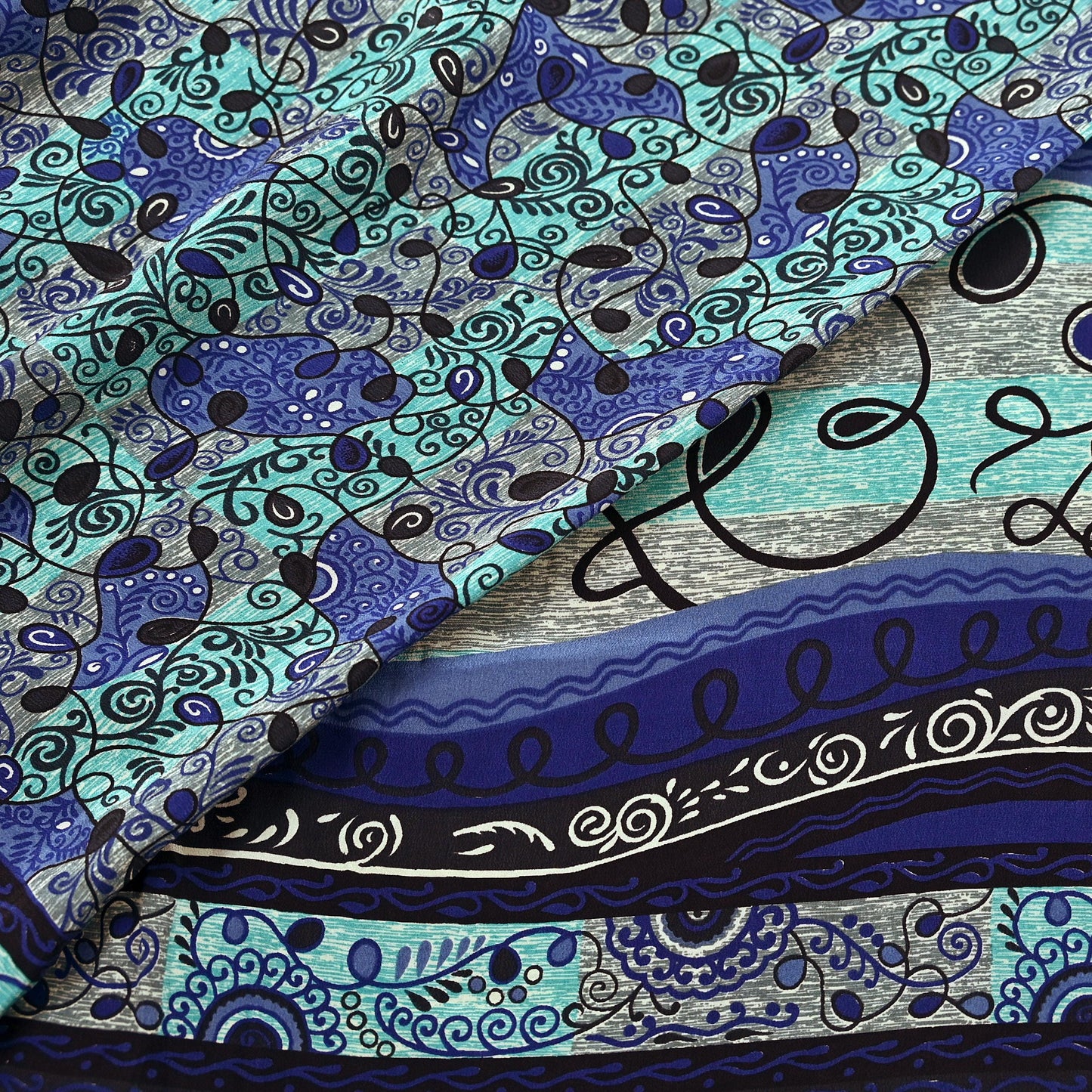Vintage pure crepe silk saree fabric with blue and black floral prints
