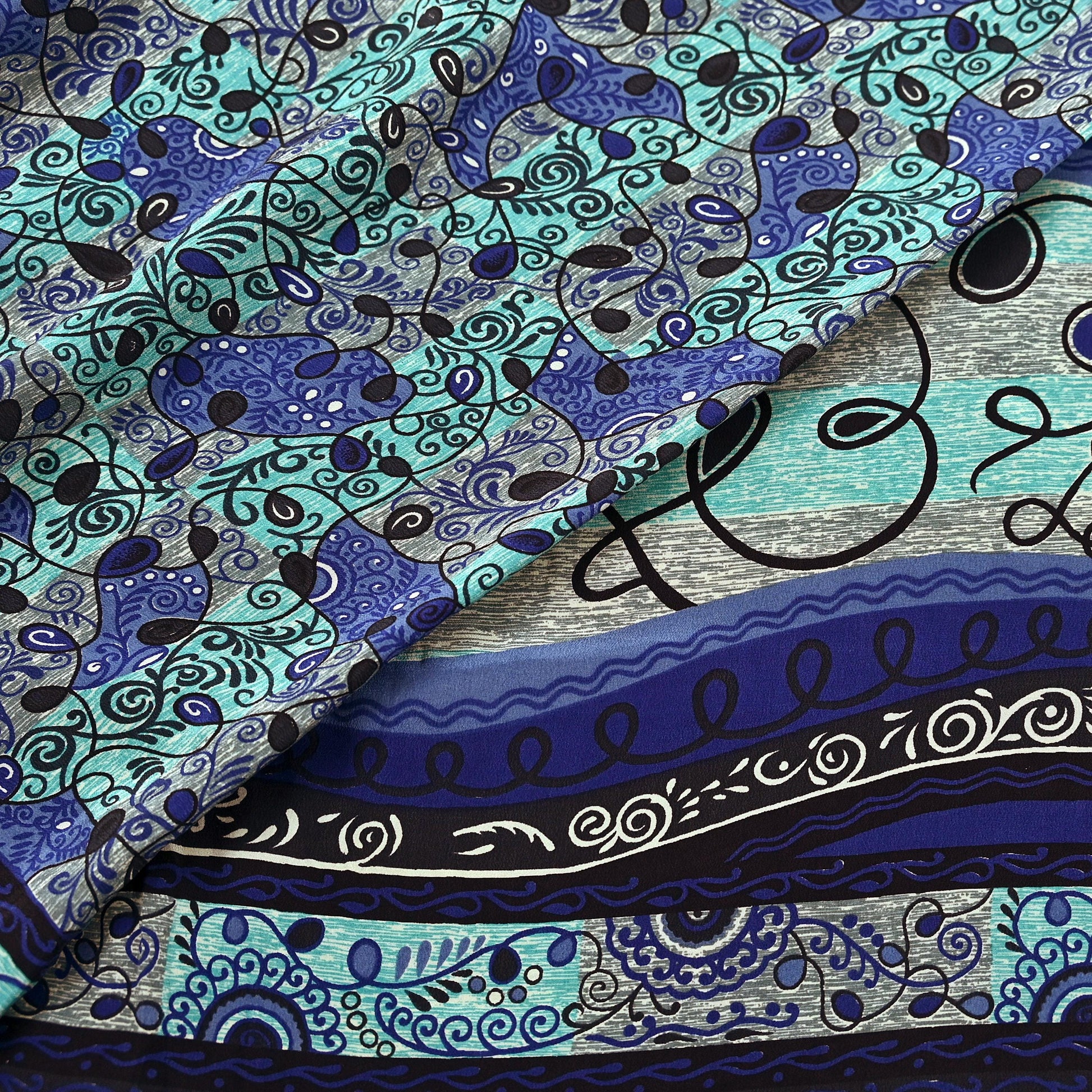 Vintage pure crepe silk saree fabric with blue and black floral prints