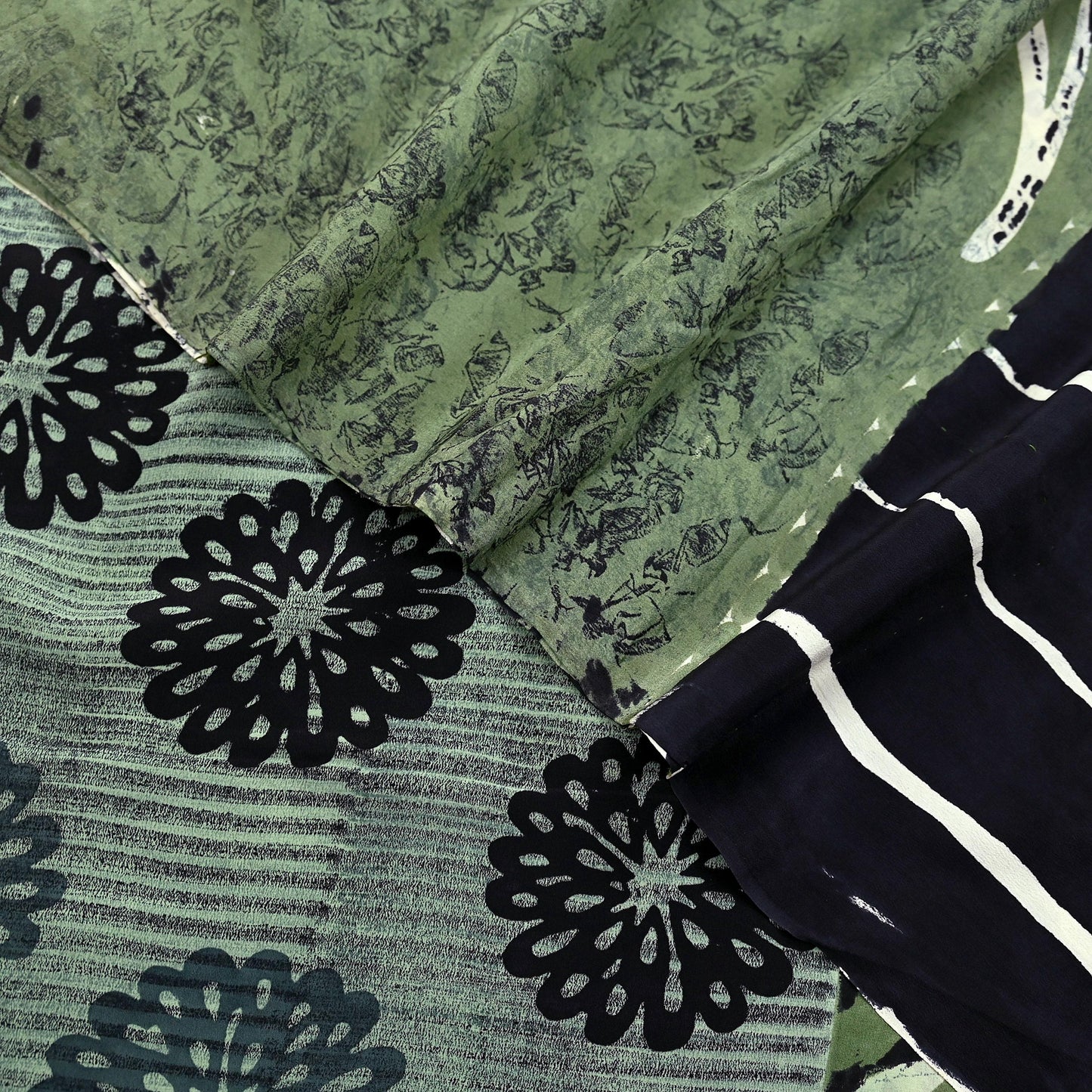 Close-up of vintage pure crepe silk saree fabric with black floral designs on a green and gray background