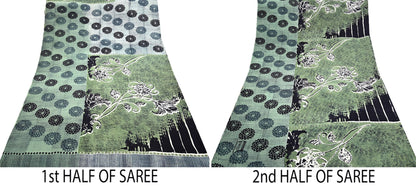 Two halves of a green pure crepe silk saree with floral prints on a white background