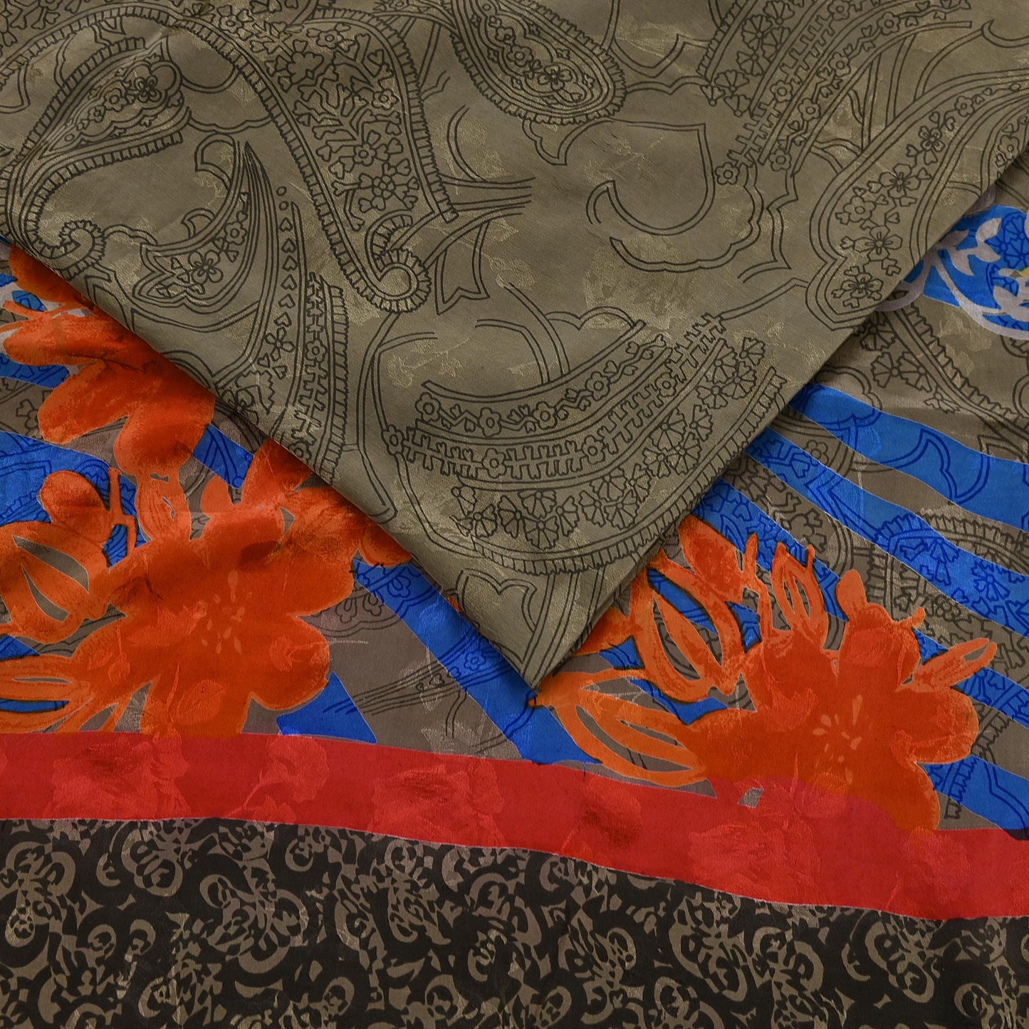 Indian Vintage Green & Multi Pure Crepe Silk Saree Floral Print 5 Yards Soft Sewing Fabric for Dressmaking, Quilting, Crafting Upcycling