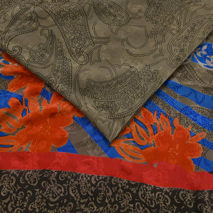 Indian Vintage Green & Multi Pure Crepe Silk Saree Floral Print 5 Yards Soft Sewing Fabric for Dressmaking, Quilting, Crafting Upcycling