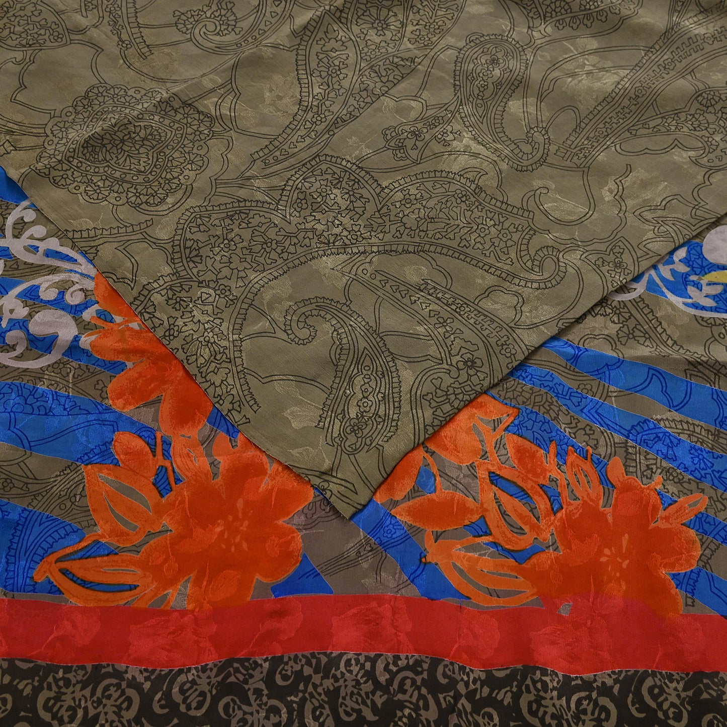 Indian Vintage Green & Multi Pure Crepe Silk Saree Floral Print 5 Yards Soft Sewing Fabric for Dressmaking, Quilting, Crafting Upcycling