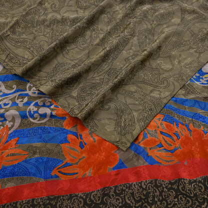 Indian Vintage Green & Multi Pure Crepe Silk Saree Floral Print 5 Yards Soft Sewing Fabric for Dressmaking, Quilting, Crafting Upcycling