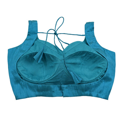 New Blue Cotton Silk Sleeveless Padded Blouse Top Handmade Crop Top Party Wear Bollywood Blouse