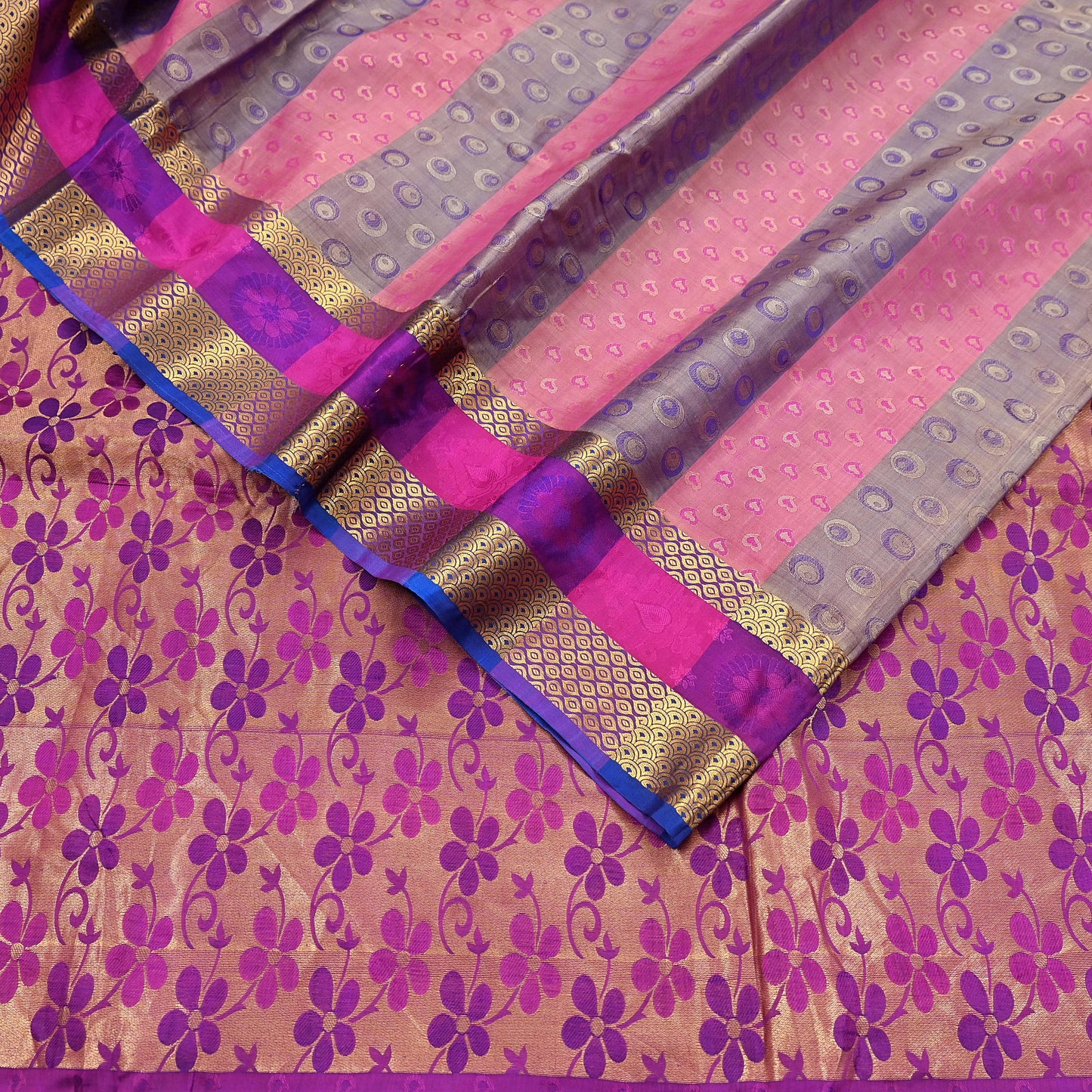 Vintage Kanjivaram Silk Saree Multi Pure Silk Zari Fabric Indian Handwoven 5Yd Craft Material Dressmaking Textile